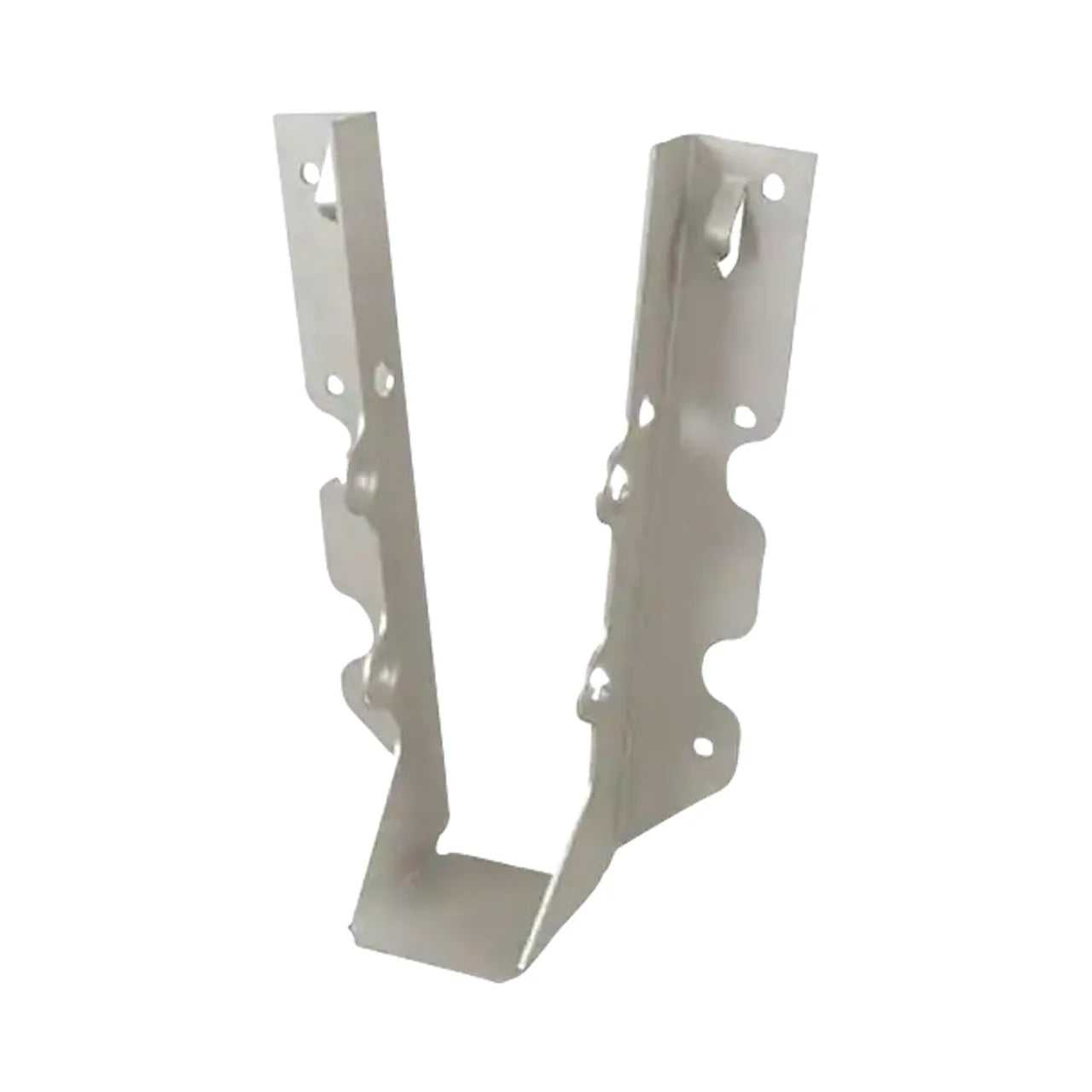 The Go Build 2 in. x 8 in. 18 Ga G185 Slant Nail Face Mount Joist Hanger securely supports wooden beams on vertical surfaces, featuring multiple screw holes and durable steel construction for lasting strength.